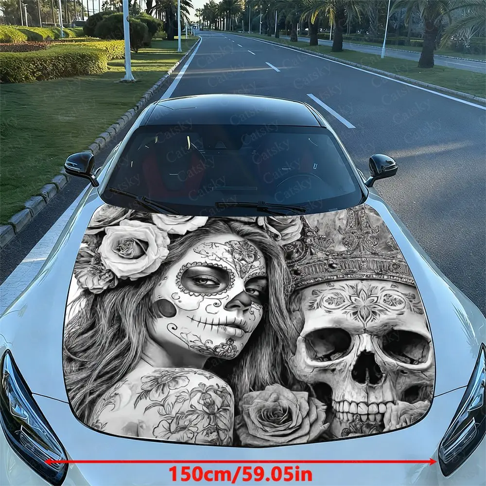 Gothic Tattoo Girl And Crown Skull Car Hood Sticker, Easy To Install And Remove, Independence Day Car Decoration, Suitable For A