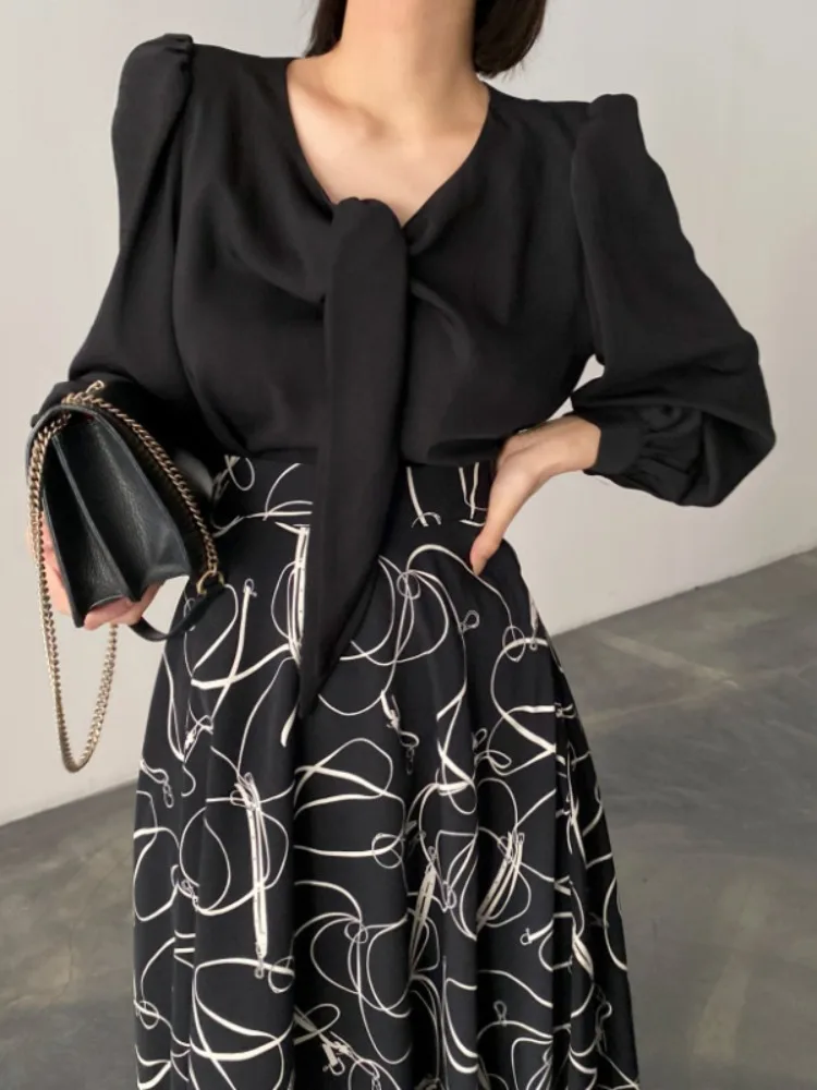 Korean Sle Elely Mature Women's Long Sve irt Scarf Collar Bubble Sve Spring Autumn Light Maturi Single Button