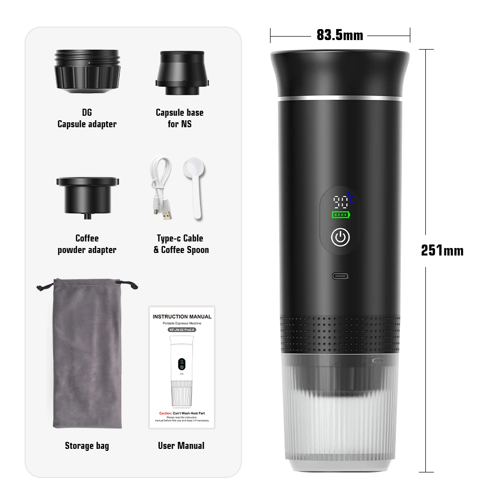 DENOKIN Draagbare Espressomachine Met Digitaal Display 3-in-1 Capsule Koffiezetapparaat voor Auto & Thuis Camping koffiezetapparaat