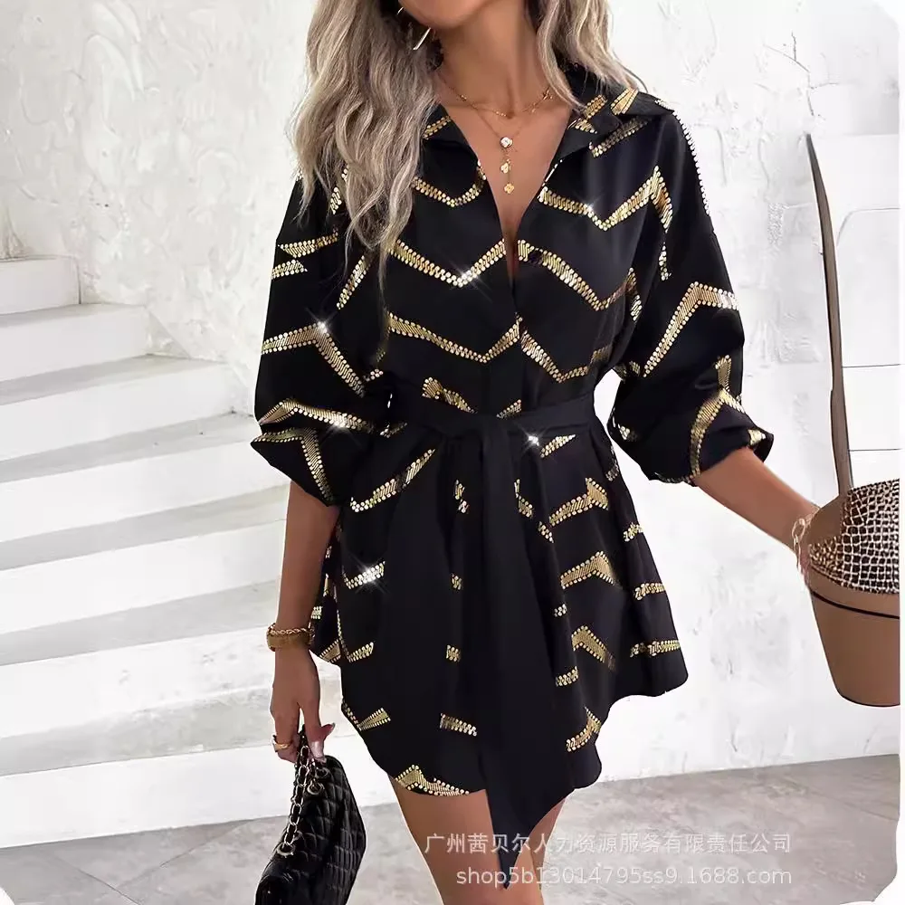 Mandylandy Printed Long-sleeved Shirt Dress Women Single Breasted Loose Mini Shirt Dresses with Belt Summer Casual Sexy Dress