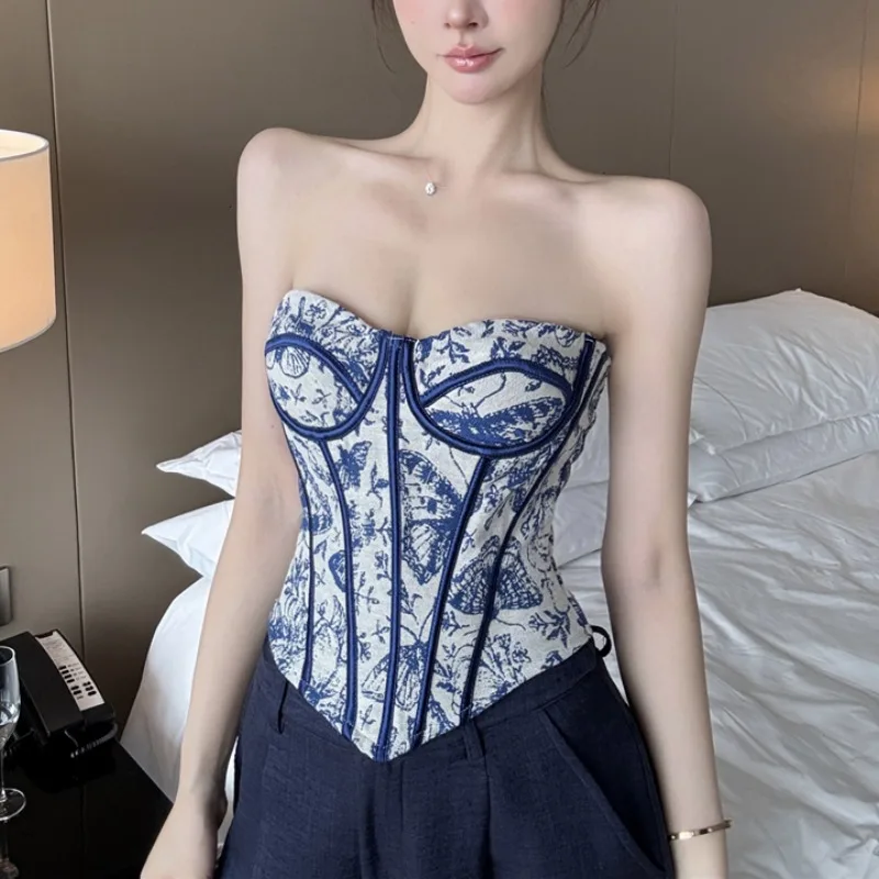 Retro Blauwe Inkt Schilderij Voel Pure Desire Borduren Fibone Band Dames Afslanken Taille Cinching Herfst 2025 ort Sle