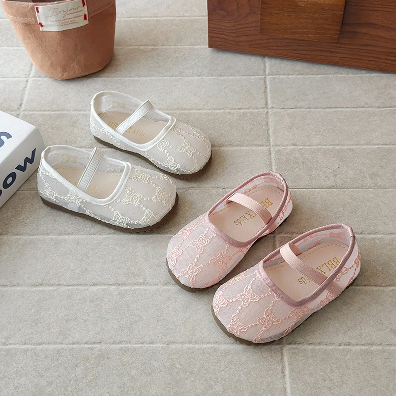 

Floral Embroidery Lace Ballet Flats Baby Girls 2026 Summer Mary Jane Breathable Mesh Fashion Slip On Ballerinas Kids Dress Shoes