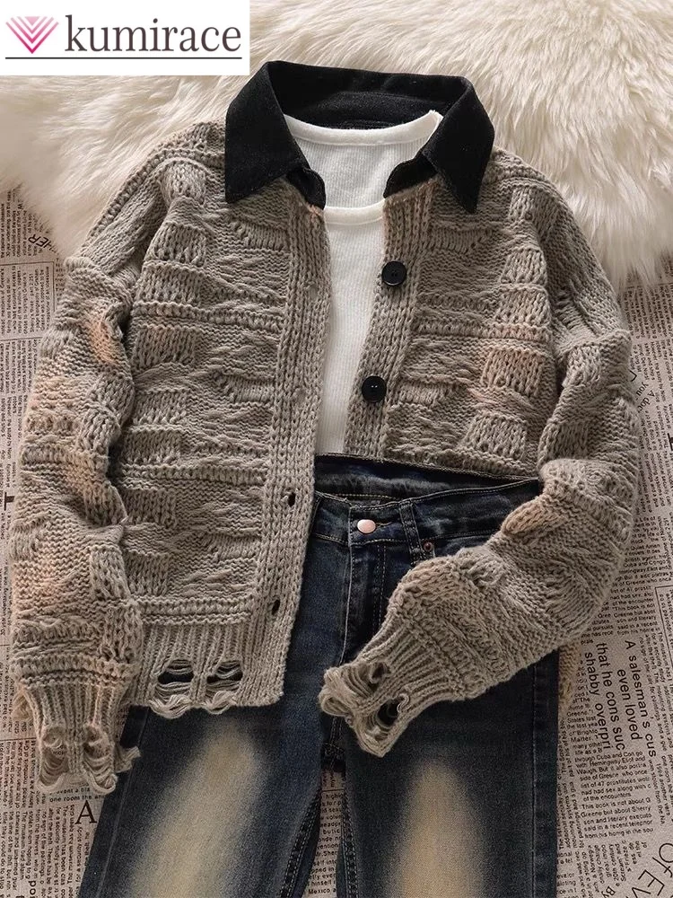 Korean Style Suit with Ripped Polo Collar Cardigan Sweater Inner Vest Micro Flared Jeans Three Piece Women's Pant Set