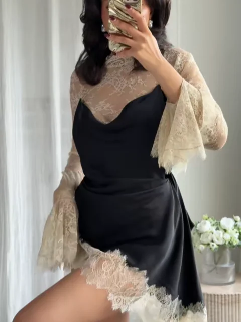 Sexy Lace Patchwork Mini Dress Women Elegant Full Flared Sleeve Waist Cinching See Through Short Dresses Lady Club Party Gowns