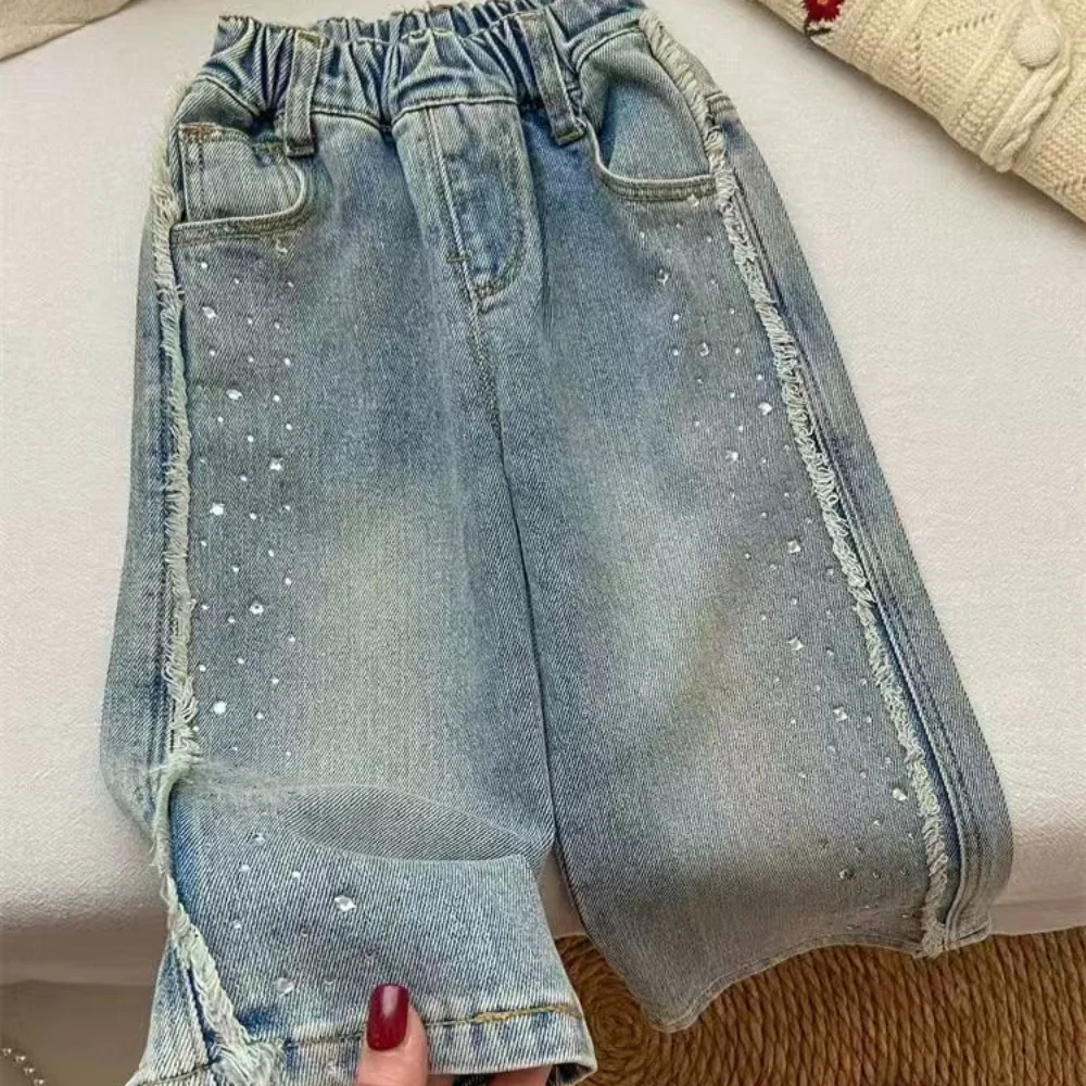 

Girls' Jeans Spring And Autumn Wide Leg Pants Fashionable And Exquisite Children's Fashion Hot Stamping And Sparkling Long Pants