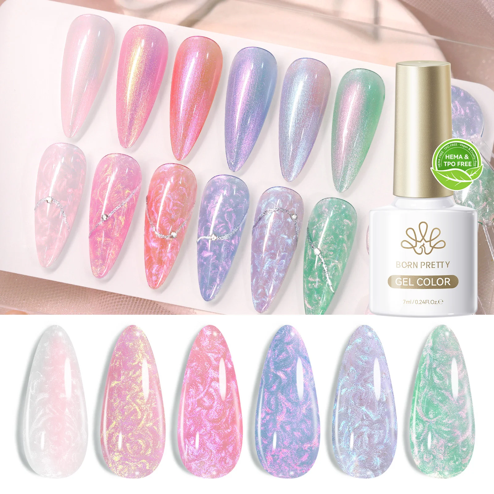

BORN PRETTY 7ml Shell Thread Nail Gel Polish 6pcs/Set Ultra Shine Pearl White Glitter Soak Off UV Gel Nail Art Varnish Kit
