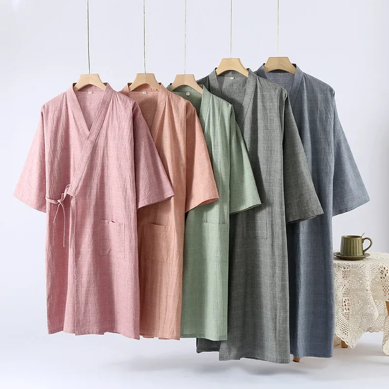 

Парные хлопковые халаты без принта для мужчин и женщин, четыре сезона, тонкий цветной тканый халат на шнуровке, стильный паровой халат средней длины