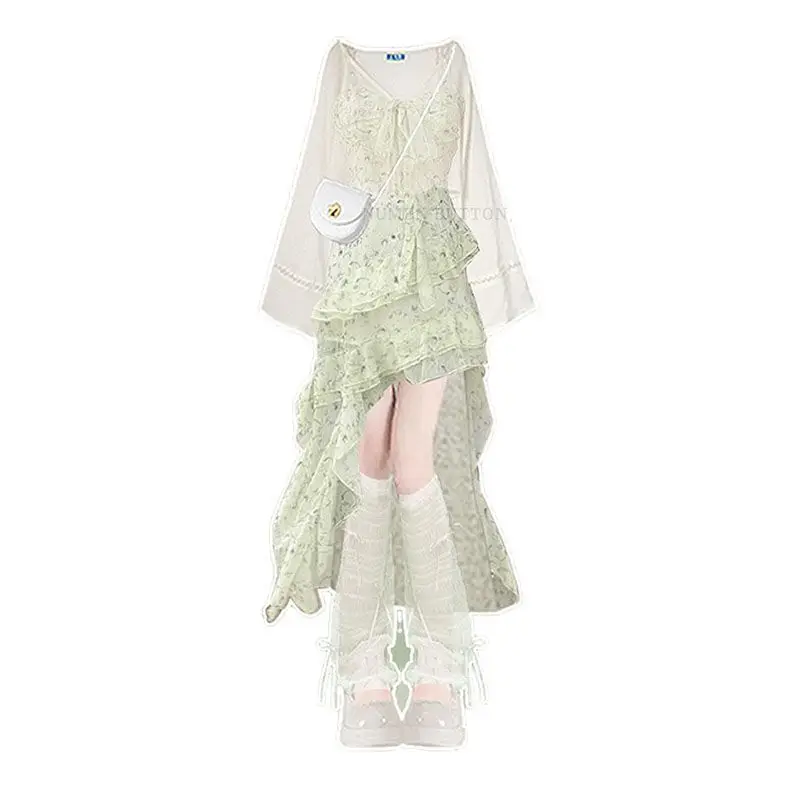 Summer Wear Set Women's Sun-protective Clothing Green Floral Sling Dress Two-piece Set