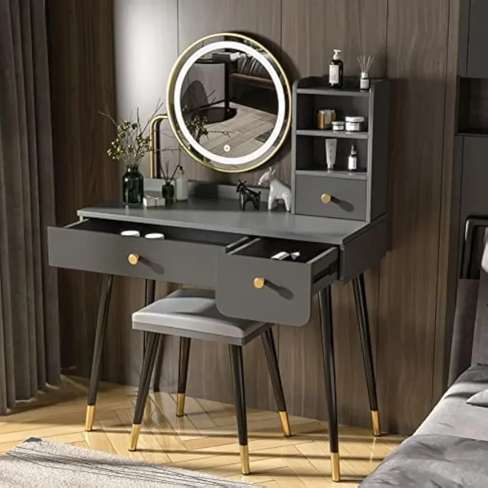 Make Vanity Set with Touch Screen Dimming Mirror, 3 Color Lighting Modes, Dressing Table with 3 Sliding Drawers, Modern Bedroom