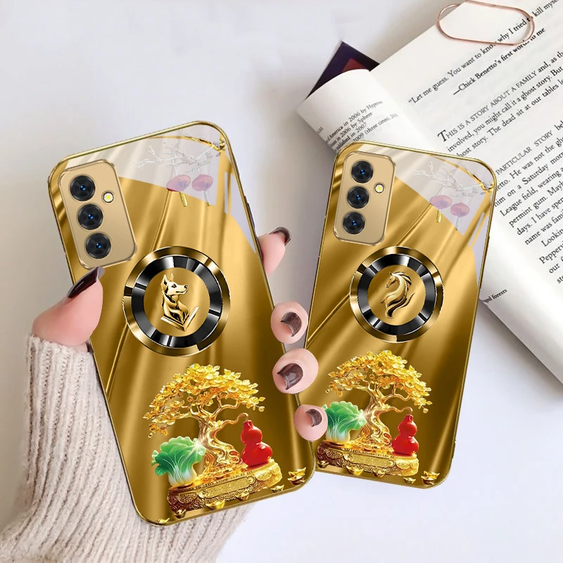 Horse Head Treasure Tree For Samsung Galaxy S 21 S22 S23 Plus S24 Ultra S20 FE 25Ultra S21+ S9+ 22Plus Golden glass phone case