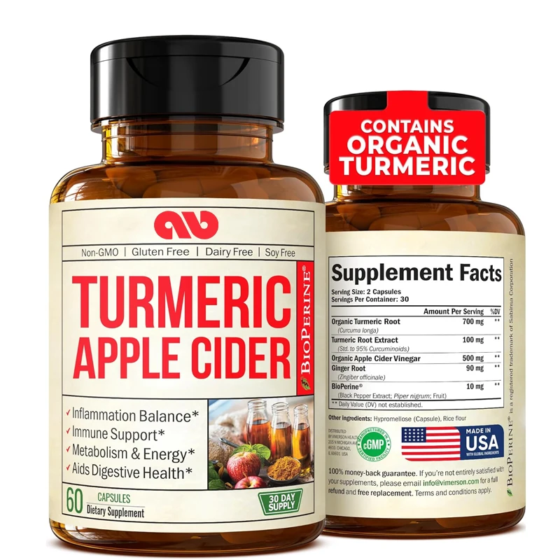 

Organic apple cider vinegar capsules containing turmeric and ginger, used for joint health, metabolism, and digestive support