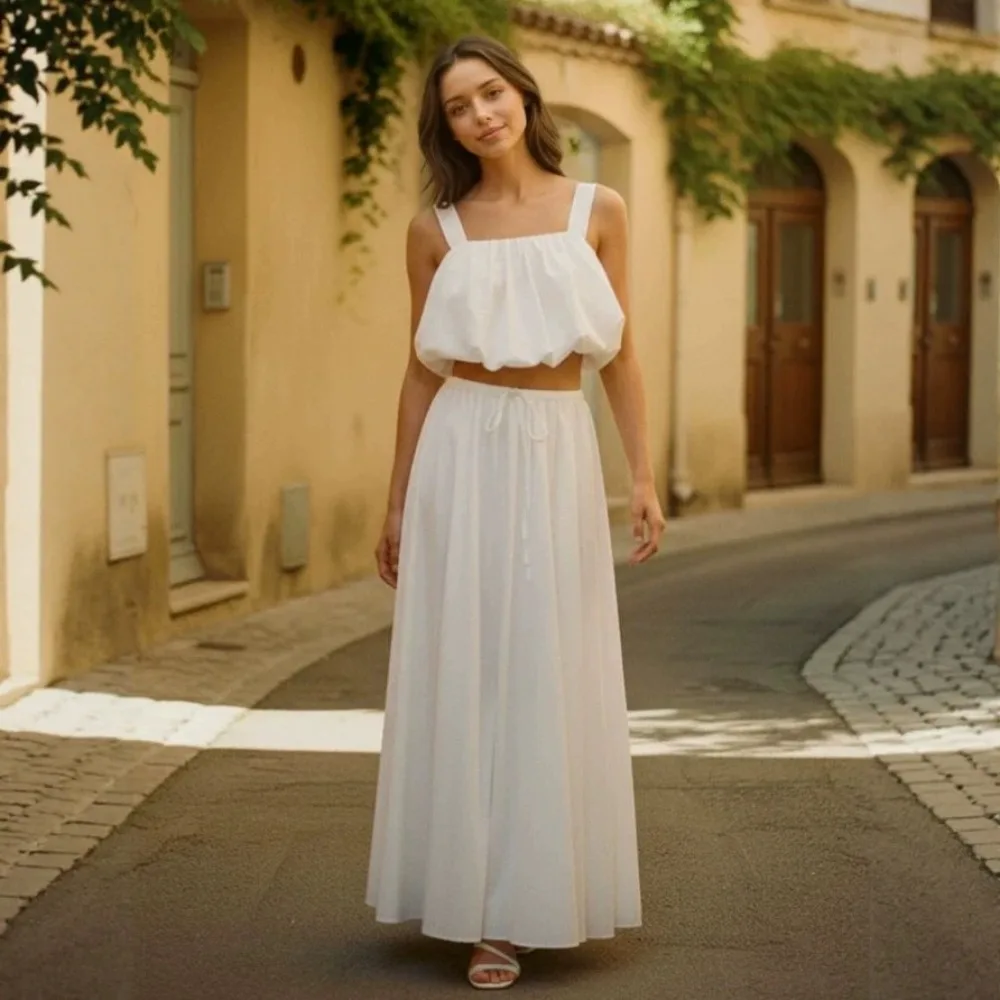 

Simple Cotton Linen Camisole Vest Skirt Suit Spring and Summer Women Chic Loose Soft Beach Vacation Square Neck Top Skirt 2Pcs
