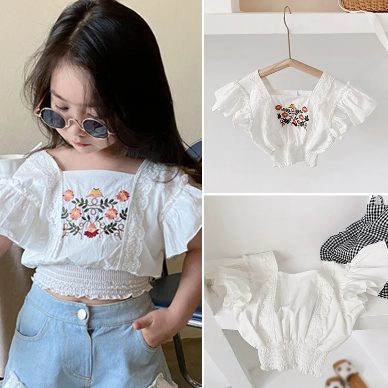 Summer Children Girls Cotton Flower Embroidered Shirt Korean Casual Girls Puff Sleeve Short Top