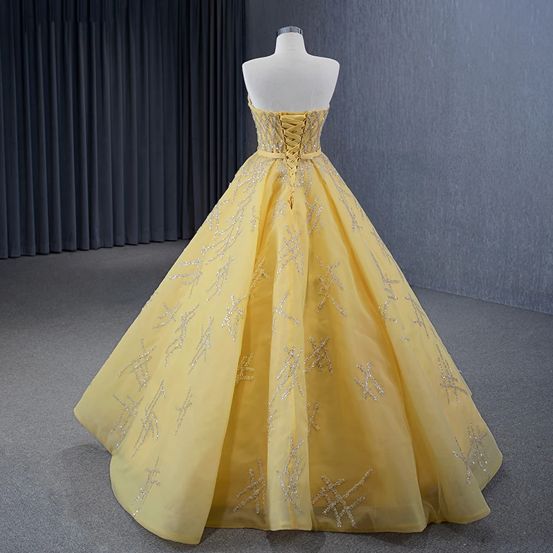 Jancember Yellow Strapless Sequins Ball Gown Lace Up Pleat Elegant Evening Dress for Women  vestido de noche RSM231017