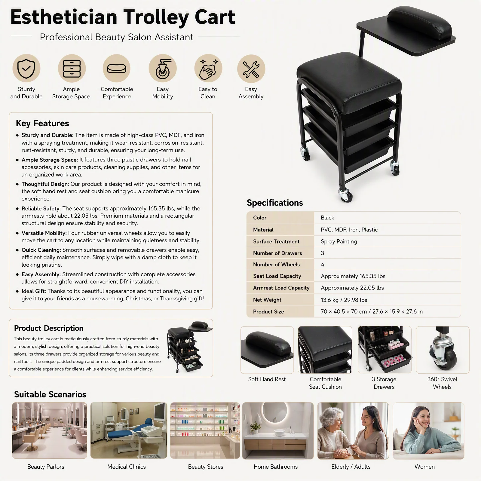 Spa Portable Cart Beauty Salon Nail Cart with 3 Drawers & 360° Rotating Hand Rest, Rolling Storage Cart 165.35lbs Seat Load for Beauty Parlor Clinic Home