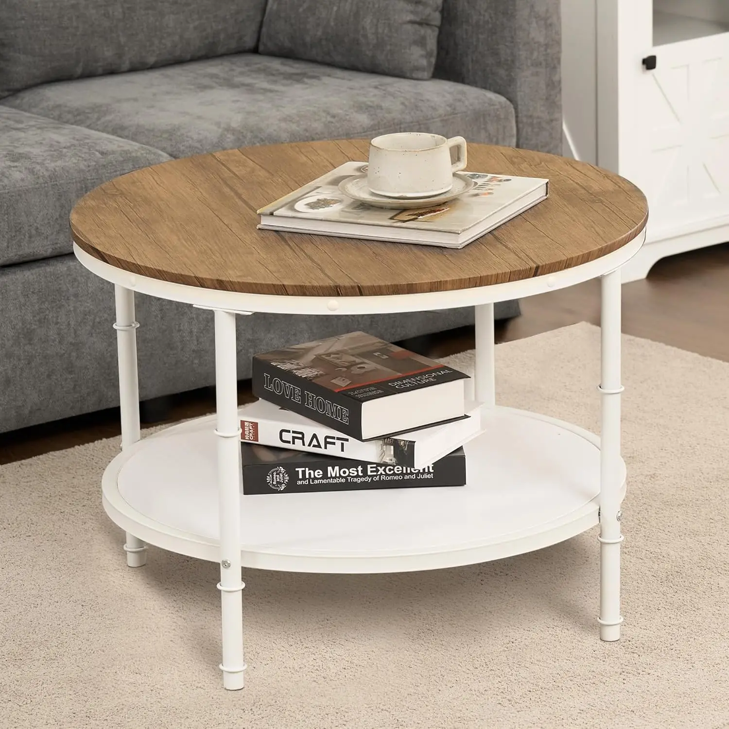 Real Relax Round Coffee Table, Wood Surface Top Coffee Table With 2-Tier Storage Space, Modern Center Table With Metal Frame