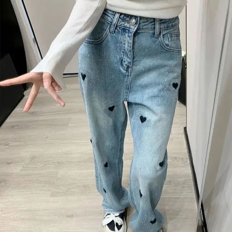 

Jeans Love Embroidered High-Waisted Women In The Spring And Autumn Of 2024 The New Design Feels Loose Straight Wide-Leg Pants