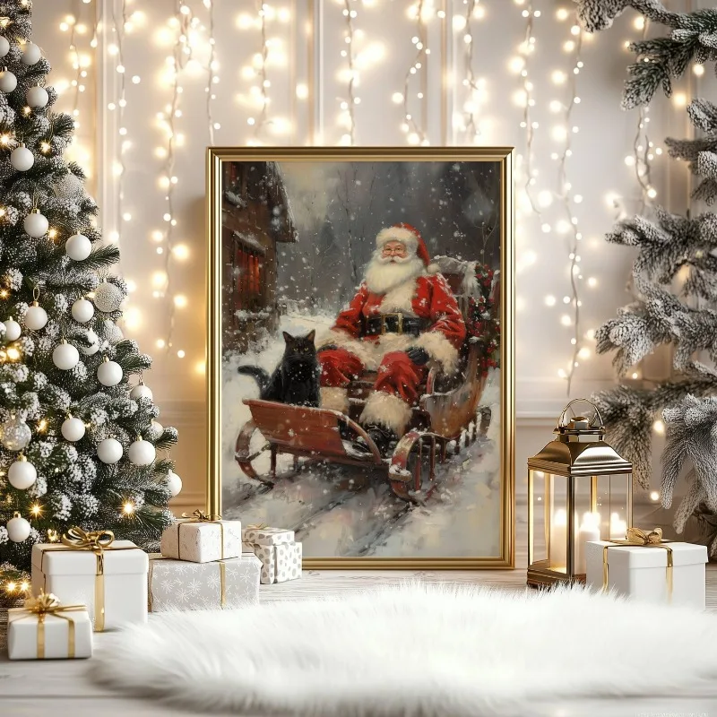 Vintage Santa Claus with Black Cat Canvas Wall Art Snowy Cabin Scene Festive Christmas Holiday Wall Print Unframed Canvas Poster