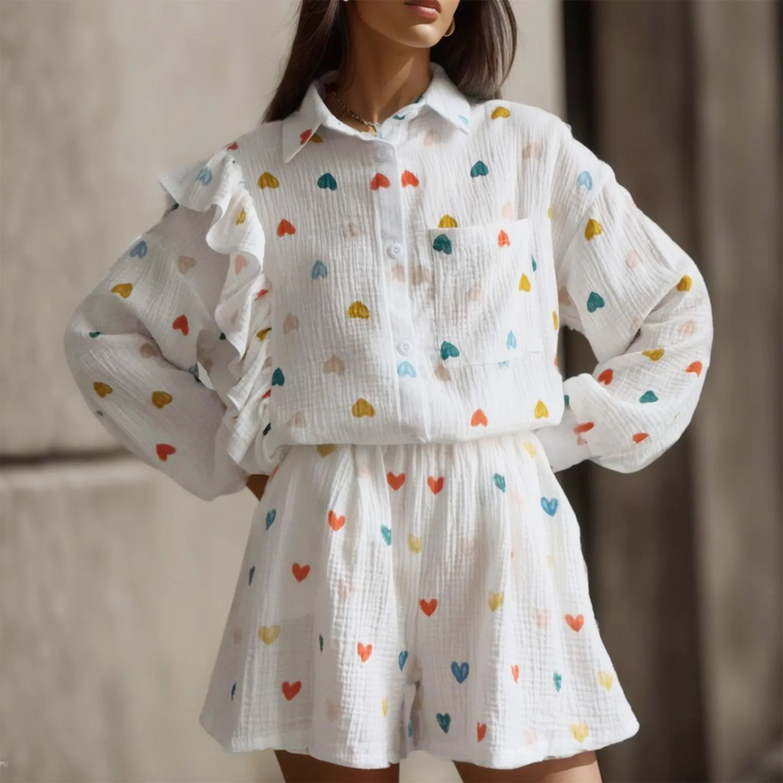 

Women Two Piece Set Cotton Linen Ruffle Shirt Shorts Summer Home Heart Pattern Long Sleeve Button Blouse Short Set Outfits