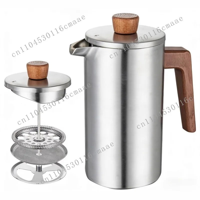 Solid Wood Handle, Large Capacity Coffee Pot, Stainless Steel Household Camping Method, Pressure Pot, Teapot, Universal