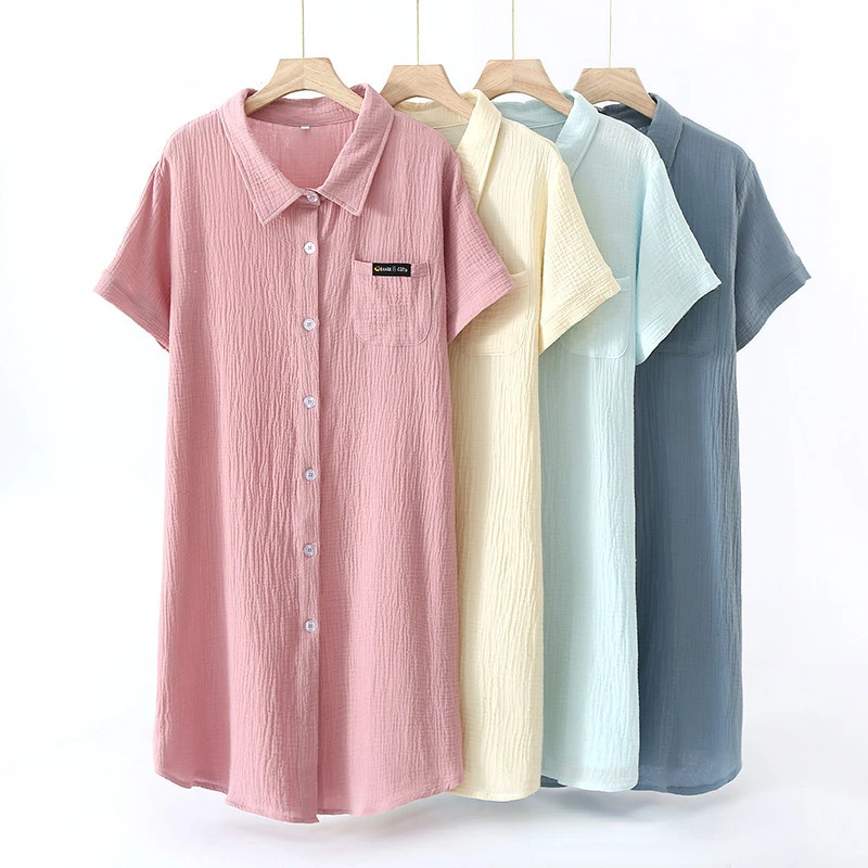 Stylish and Comfortable Nightgown Women's Crepe Yarn Short Sleeve Shirt Collar Button Dress Solid Cotton Perfect for Casual Wear