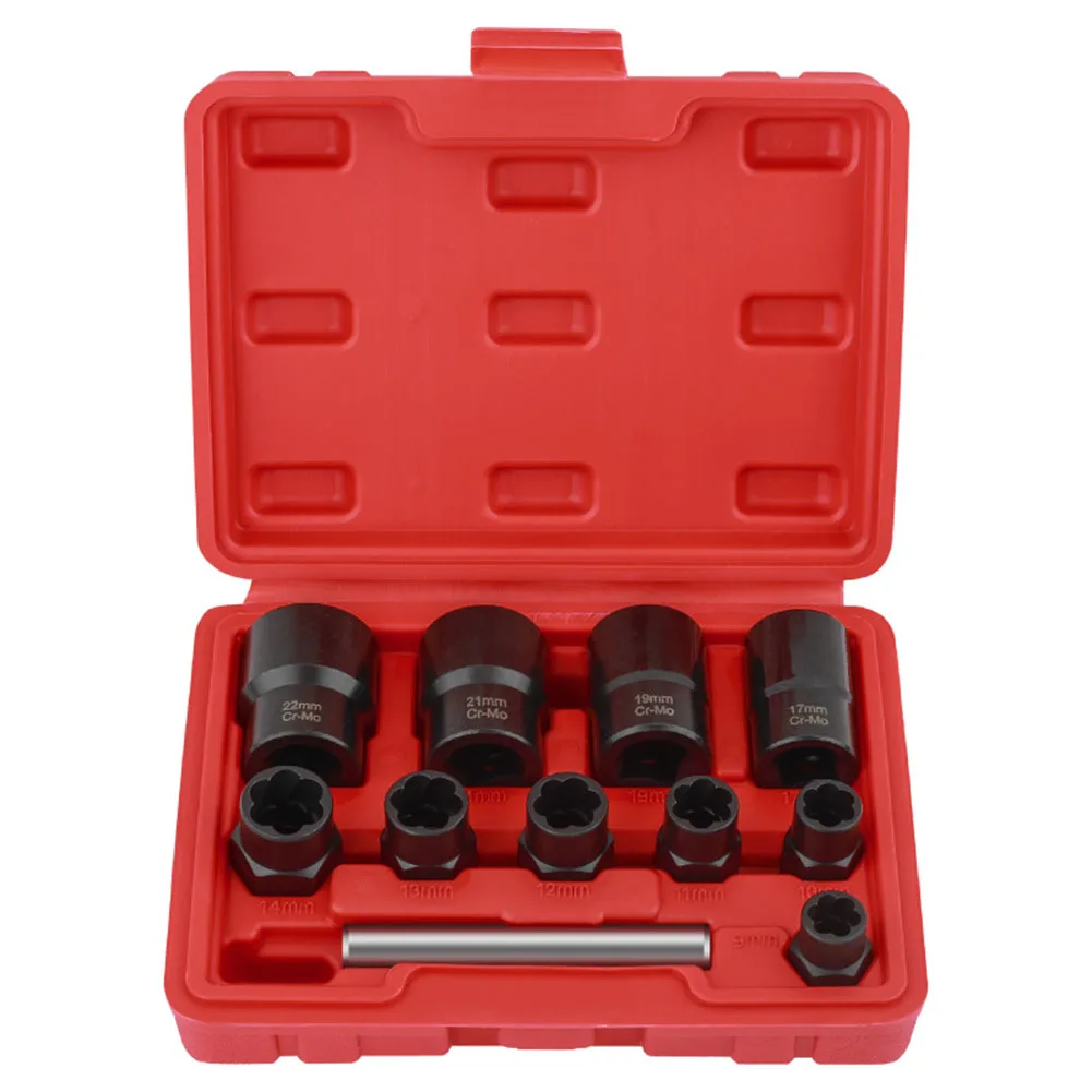 11PCS Lug Nut Remover Extractor Set Cr-Mo Steel Socket For Damaged Rusted Stud Bolt Removal With 3/8 And 1/2 Inch Drive Adapter
