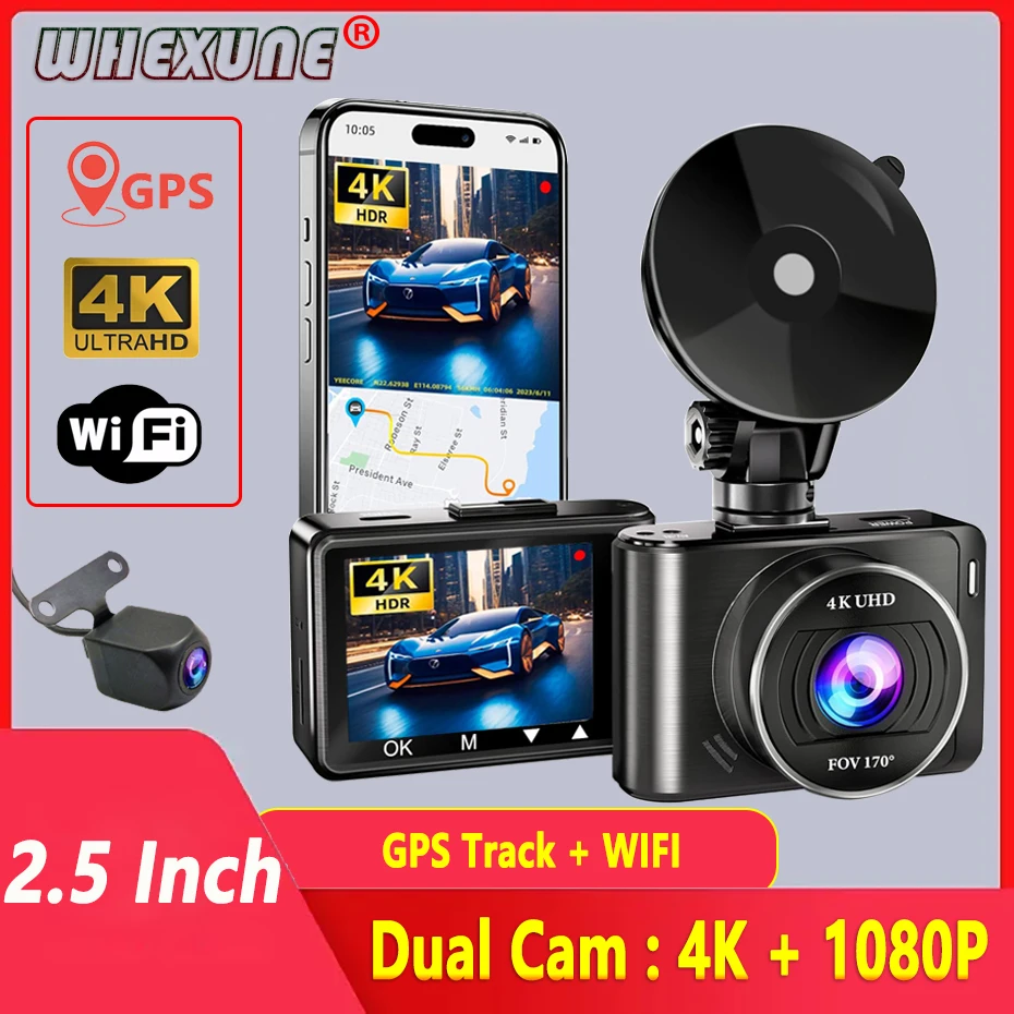 Dash Cam UHD 4K+1080P Dual Lens Car Recorder With WiFi GPS Tracker HD 2160P IR Night Vision Camcorder G-Sensor Car DVR Black Box