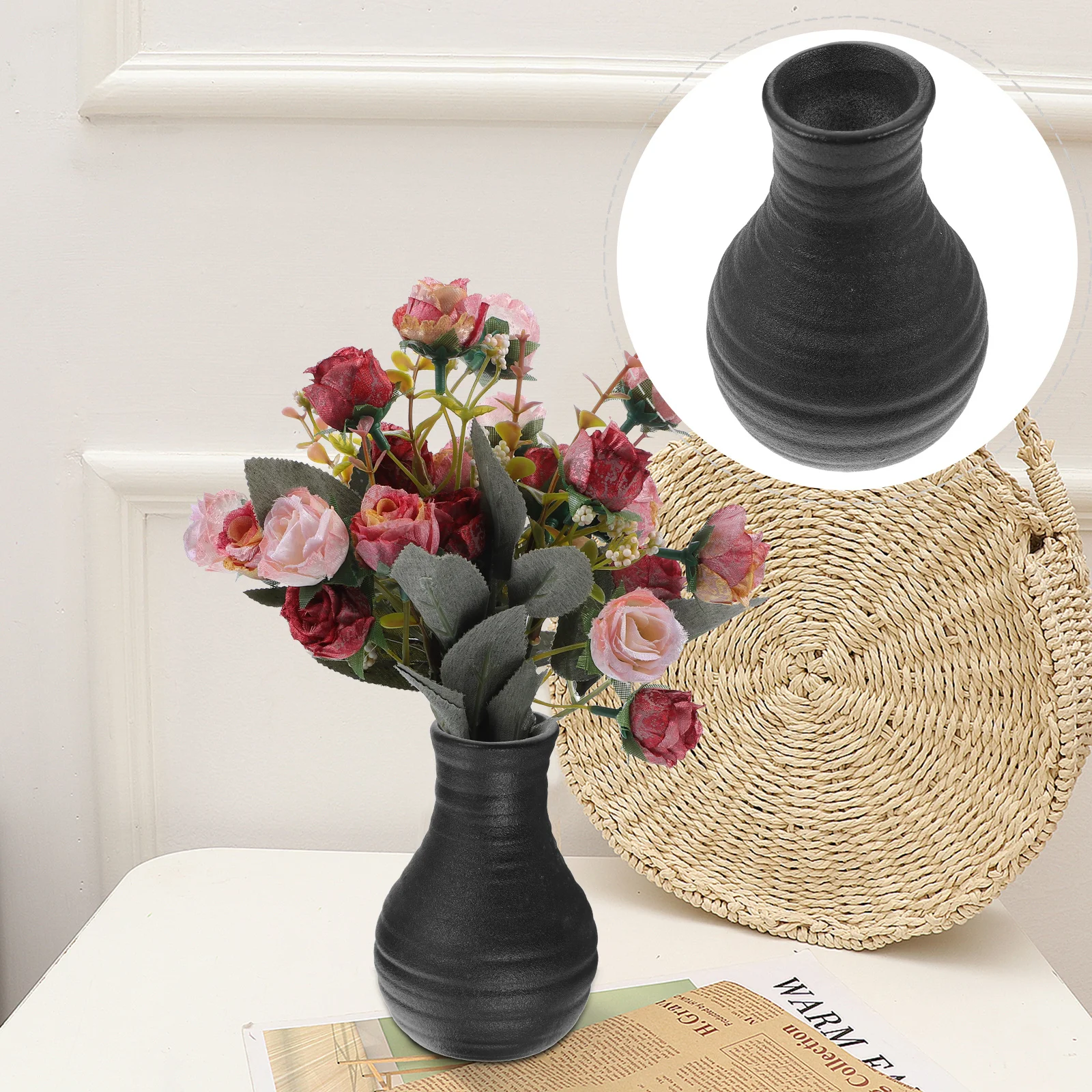 

1Pcs Retro Ceramic Flower Vase Matte Finish Black Vintage Planter for Dry Flowers Hydroponics Plants Home Office Decor European