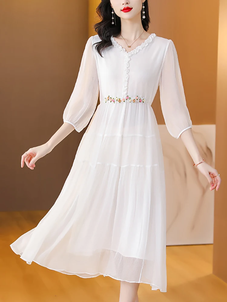 Robe mi-longue en mousseline de soie blanche style Boho pour femmes, tenue élégante à volants, col en v, mode coréenne décontractée, été 2024