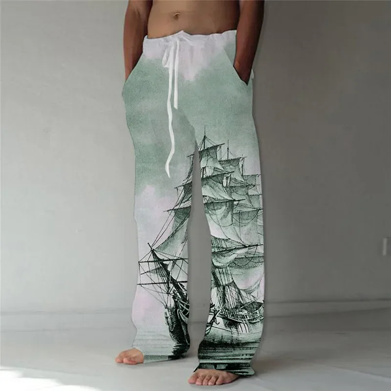 3D Printed Fashion Retro Wide Leg Pants Holiday Casual Pants Summer Quick Dry Men's Loose Beach Mopping Pants