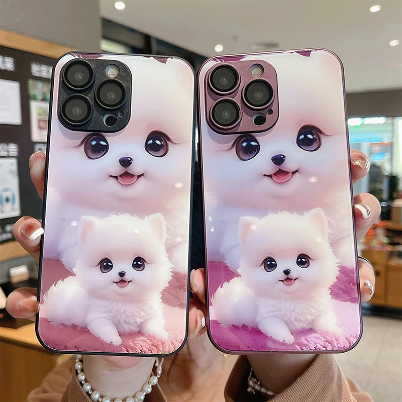 

Luxury Cute Cartoon Dog Tempered Glass Phone Case For iPhone 16 15 14 13 12 11 Pro Max XR XS Plus Ultra-thin Silicone Back Cover