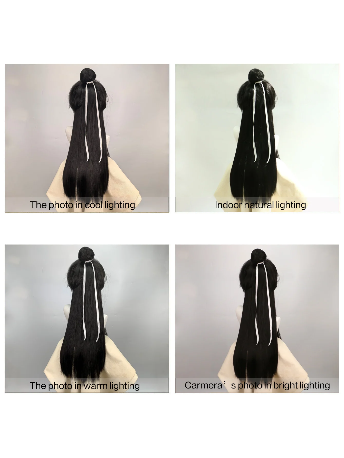 Perruques noires longues pour hommes, Costume de Cosplay Xie Lian, cheveux synthétiques noirs Tian Guan Ci Fu Hanfu, chignon détachable, ruban blanc pour hommes