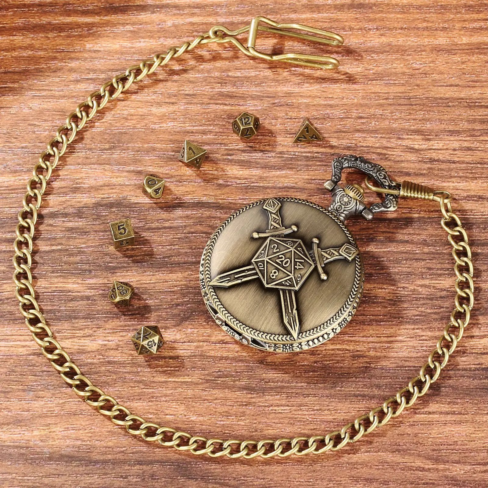 Retro 3D Double-Sword Pocket Watch Dice Case DND Dice Pendant Pocket Watch Box for Dungeon and Dragons Polyhedral Dice set