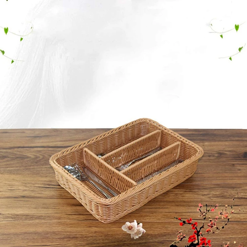 A84M-Kitchen Drawer Organizer Cutlery Storage Basket 4 Compartments Kitchen Forks Knifes Rattan Storage Tray