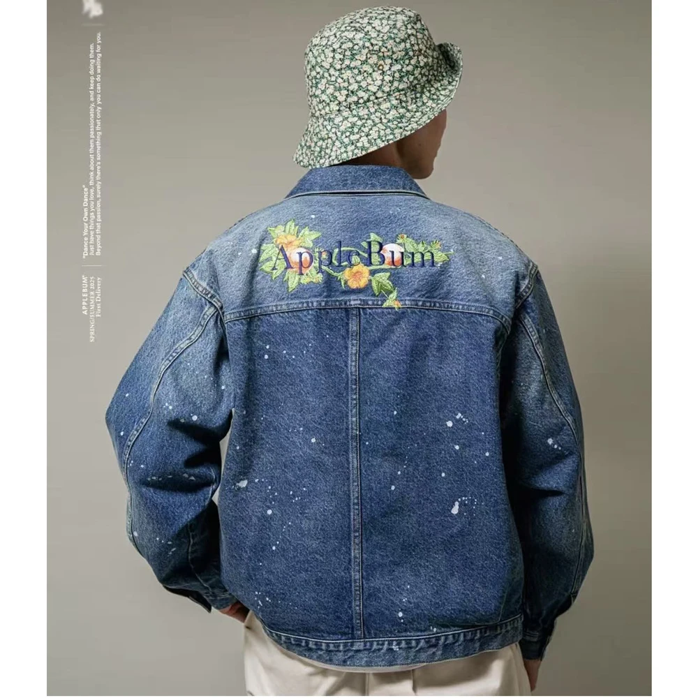 

Джинсовая куртка Aplebum с вышивкой, винтажная, с эффектом потертости, молодежная, повседневная, с длинными рукавами, на пуговицах, из хлопка
