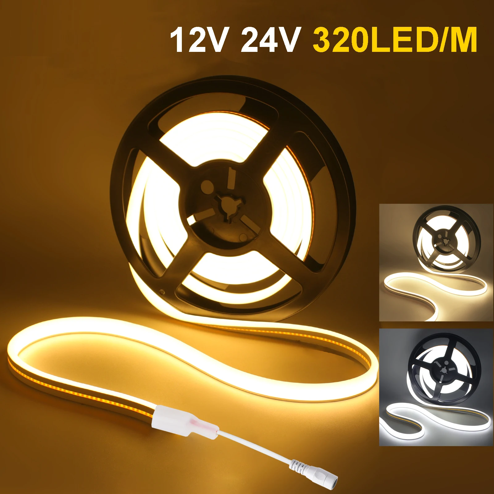 

12V 24V Flexible COB LED Strip Lights High Brightness 320LEDs/M Waterproof Neon Ribbon Tape 3000K 6000K for Garden Room Lighting