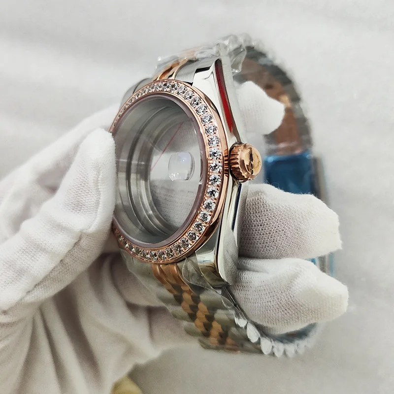 36mm 39mm Two Tone Rose Gold Stone Bezel Watch Case With Stainless Steel Bracelet Fit NH35 NH36 Movement Watch Mod Parts