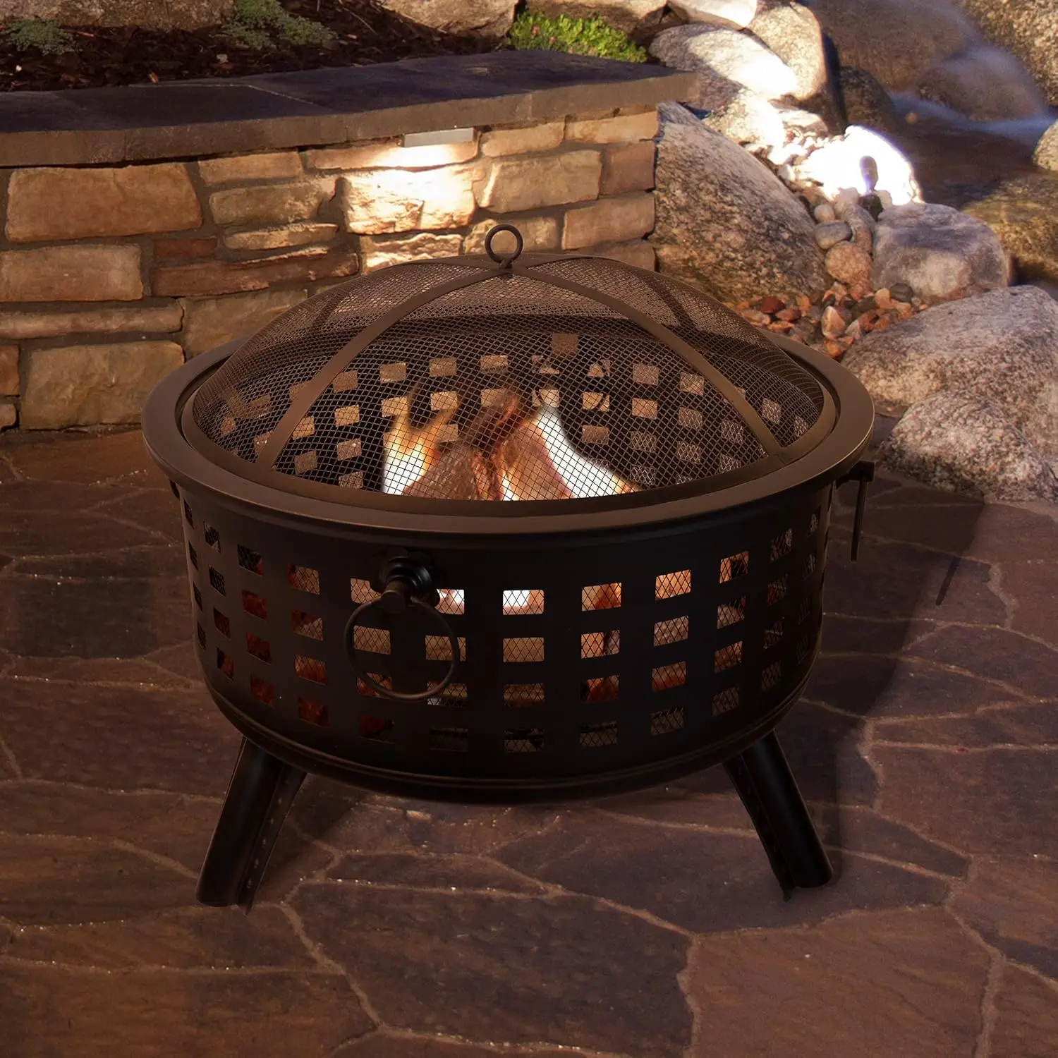 Fire Pit Set, Wood Burning Pit - Includes Spark Screen and Log Poker - Great for Outdoor and Patio, 26Â” Round Metal Firepit by