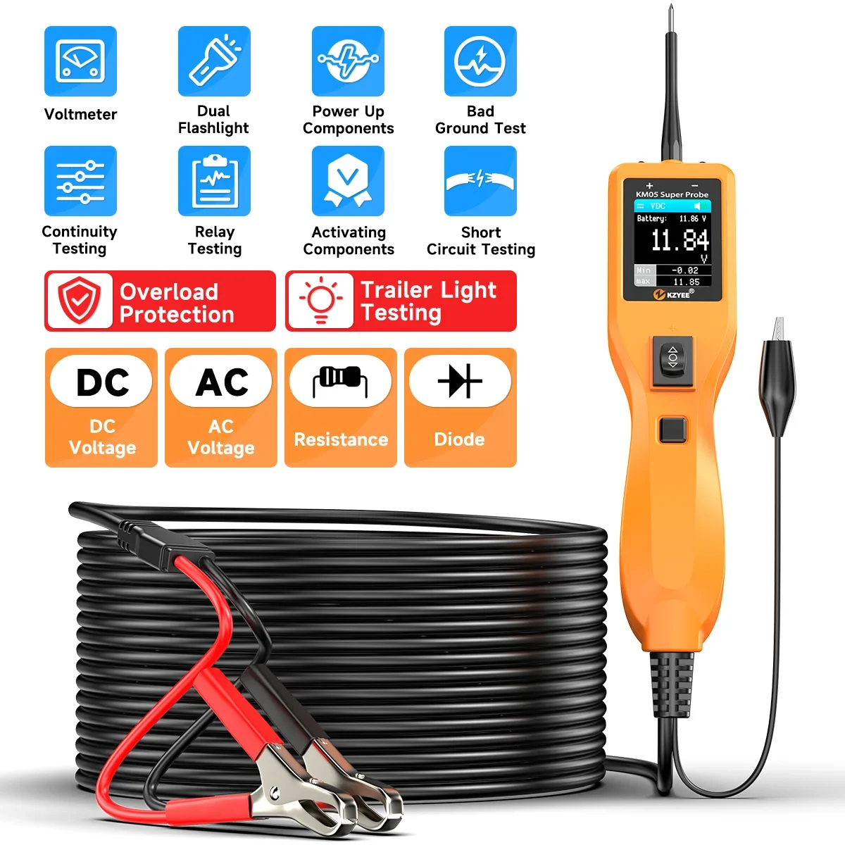 Car Circuit Probe Kit Circuit Tester Electrical System KZYEE KM05 24V 12V Automotive Voltage Power Inspection Tool PK PB100