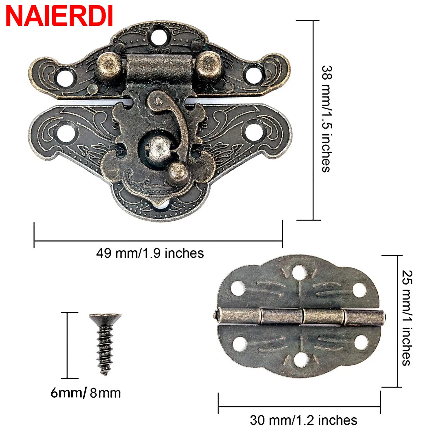 NAIERDI 6 Pieces Vintage Decorative Hasp Latch and 12 Pieces Retro Bronze Engraved Designs Hinge Jewelry Box Buckle Wooden Box