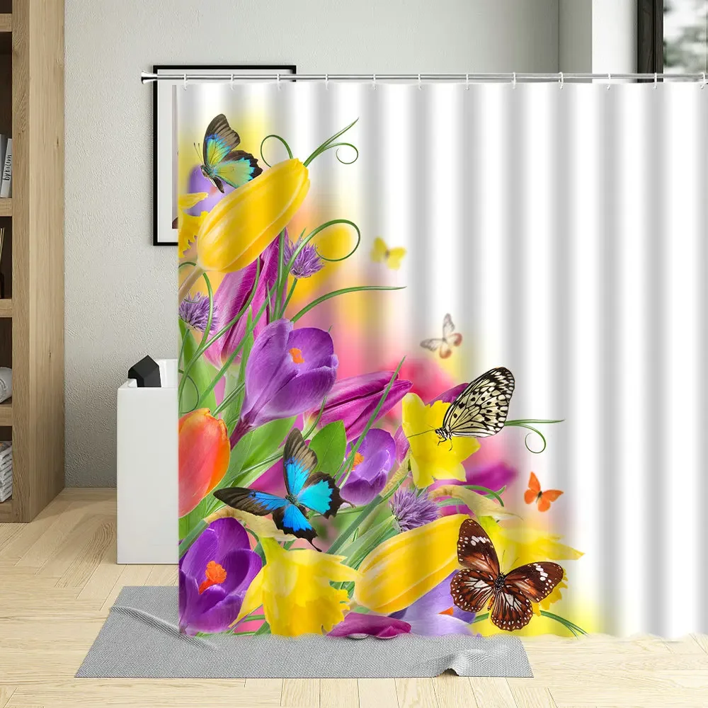 Colorful Tulip Lily Butterfly Spring Flower Shower Curtain Floral Plant Home Decor Screens Bathroom Bathtub Curtains With Hooks