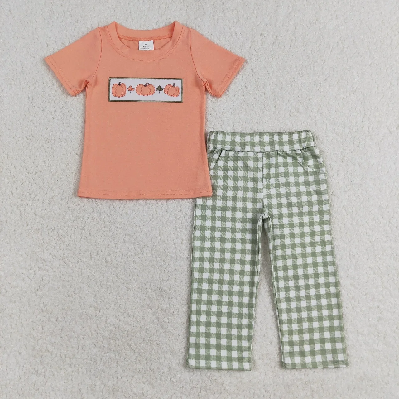 Wholesale Toddler Short Sleeves Embroidery Shirt Green Plaid Pants Baby Boy Set Kid Children Thanksgiving Pumpkin Outfit Pajamas