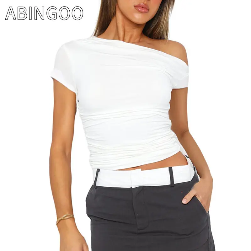 

ABINGOO Slanted Shoulder Pleated Short Sleeved T-shirt Irregular Versatile Fashion Top Y2k Hot Girls Slim Summer Women Top