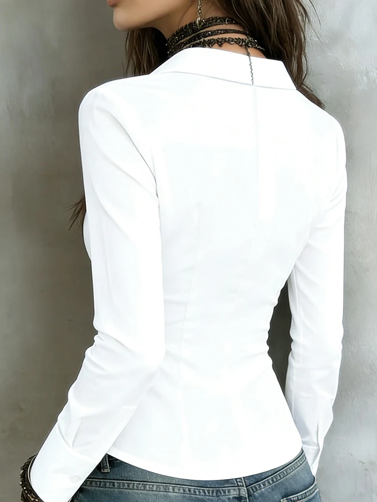 Women's Fashionable Solid Color Pleated Button-Front Long-Sleeve Collared Shirt, Casual Versatile Simple Commuter Style Long-Sleeve Shirt, Women's Clothing