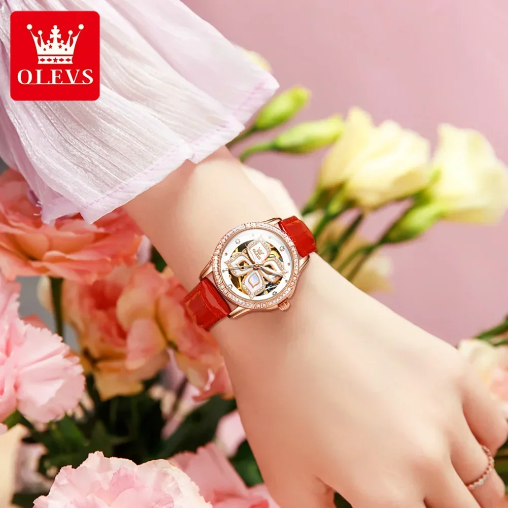 OLEVS Automatic Movement Watches for Women Luxury Stainless Steel Women\'s Watch Flower Design Skeleton Dial Woman Wrist Watch