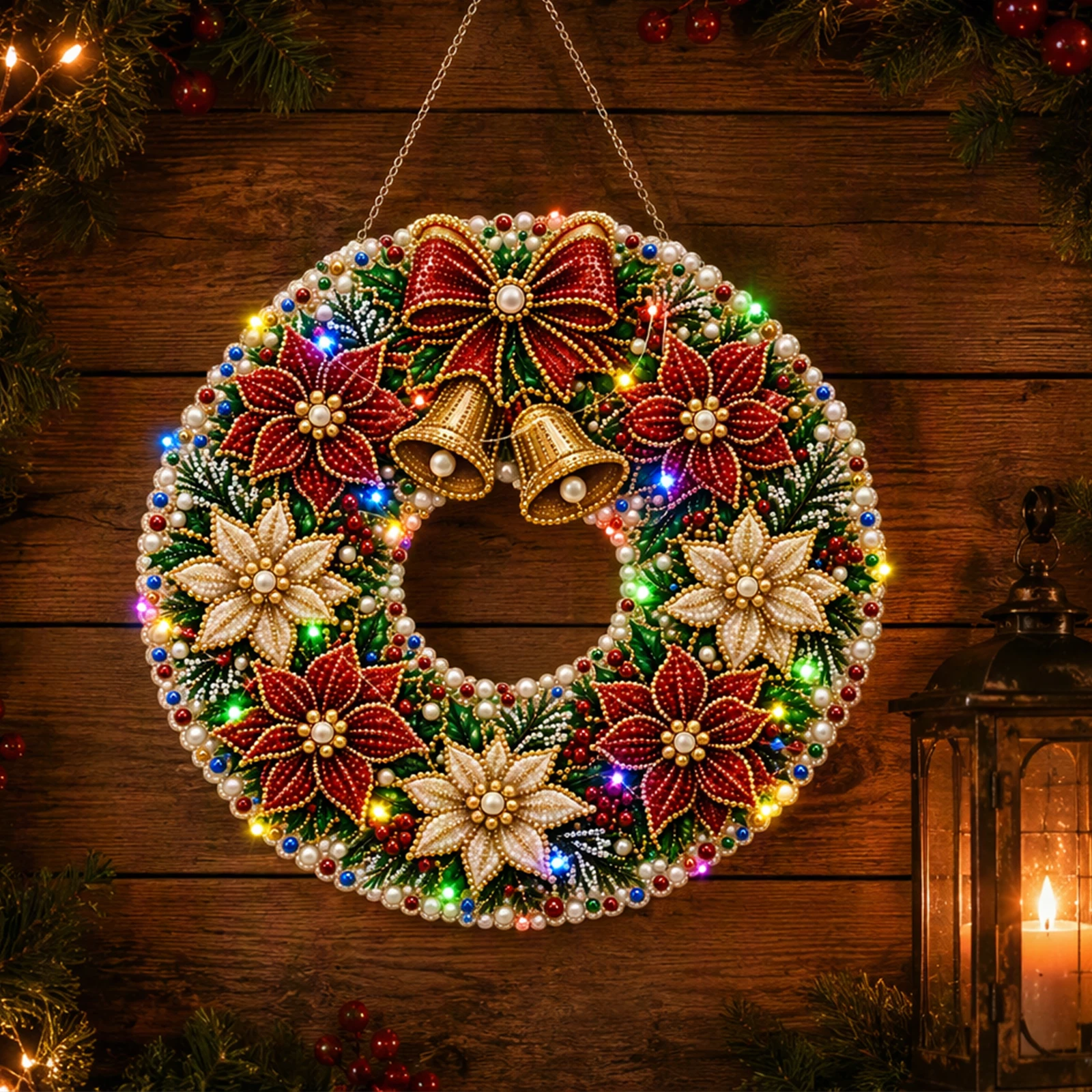Christmas Diamond Painting Wreath Kit with LED Lights 9.8x9.8in DIY Holiday Wall Art Decor Set