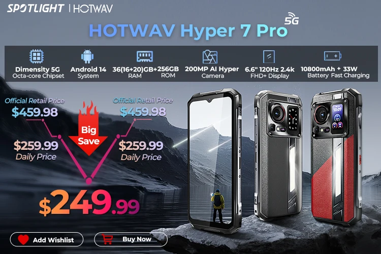 HOTWAV Hyper 7S Rugged Phone 5G Octa-core Android 15 Smartphone 6.6'' HD+ 120Hz 10800mAh 20W Mobile Phone 4GB 256GB Cellphone