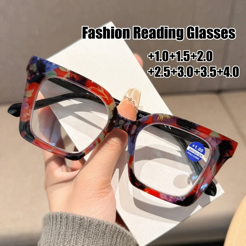 

Luxury Flora Printed Women Reading Glasses Trendy New Style Large Frame Hyperopia Men Oversized Anti-blue Presbyopic Glasses