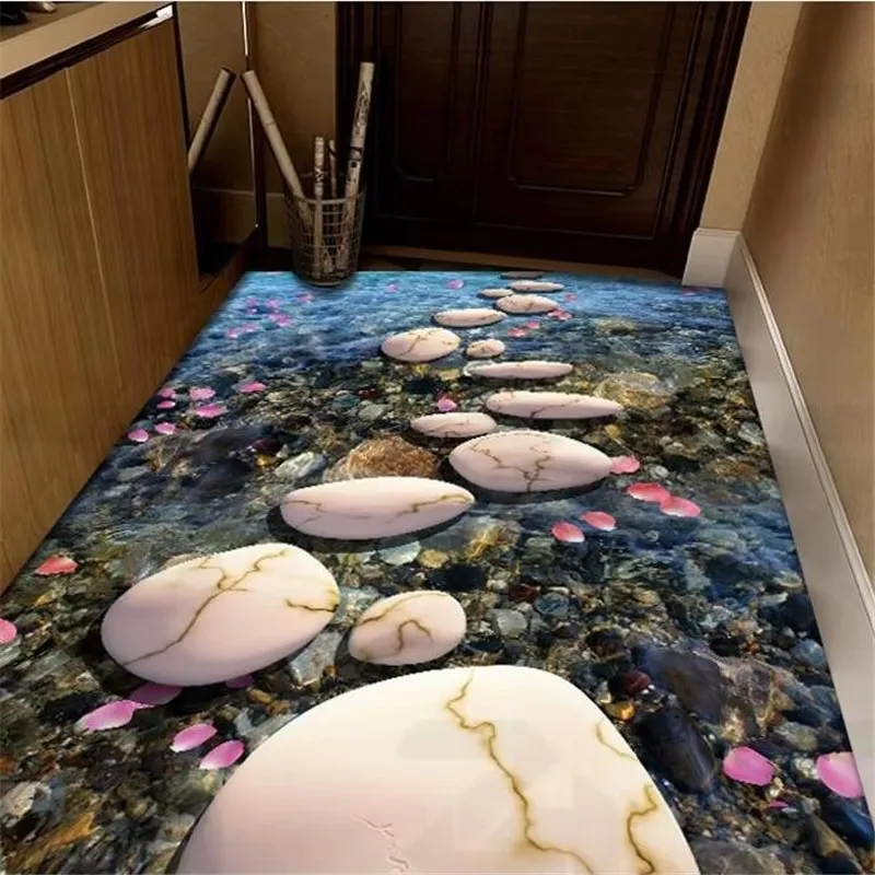 Custom floor painting 3d wallpapers self-adhesive decorative painting stone path cobblestone petals living room bathroom floor