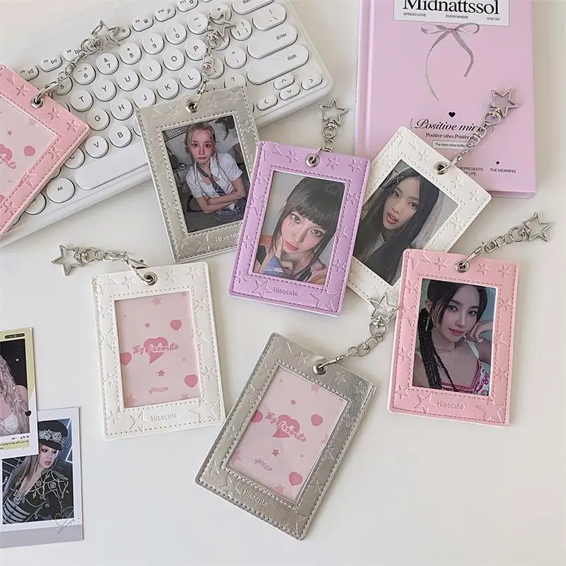 Cute PU Leather Star Card Holder Photocard Holder Idol Photo Display Storage Protective Cover Keyring Pendant Bag Charms Gifts